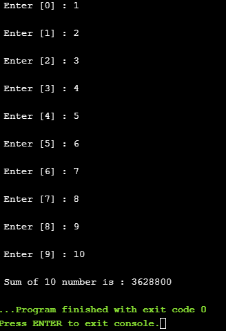 C++ code to print product of 10 numbers