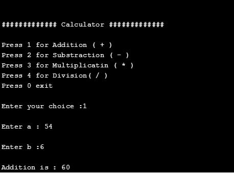C++ program on calcualtor - add, subsract, multiply & division