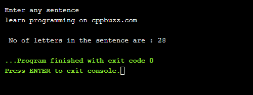 C++ program to count the number of letters in the sentence 