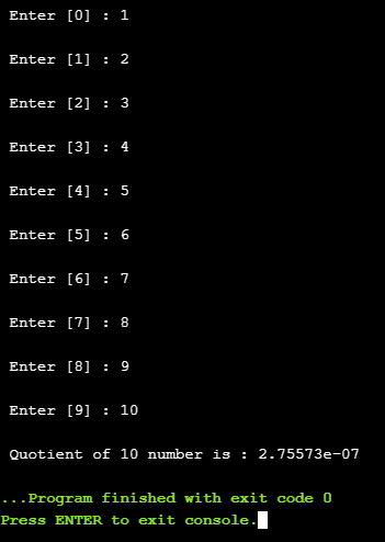 C++ code to print quotient of 10 numbers