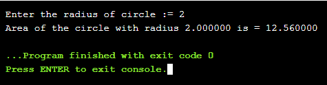 Find area of circle in C programming